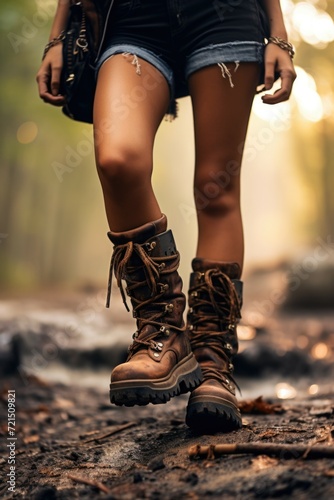 A woman is pictured walking in the woods wearing short shorts and boots. This image can be used to depict outdoor activities or nature walks © Fotograf