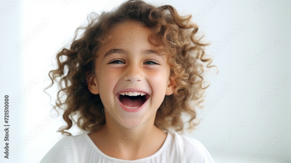 A cute little girl with curly hair is smiling and holding a toothbrush. This image can be used to promote dental hygiene and oral care A cute little girl with curly hair is smiling and holding a toothbrush. This image can be used to promote dental hygiene and oral care