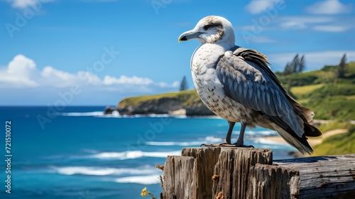 A close-up of a seagull perched on a weathered wooden post  overlooking the cobalt blue ocean