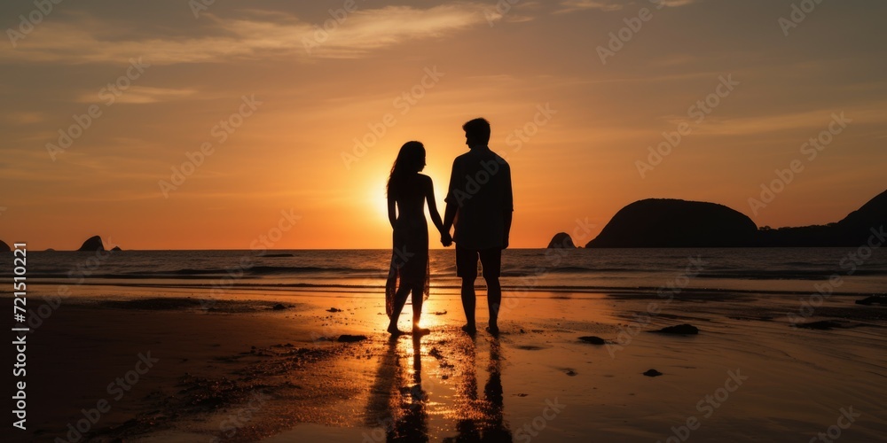 A man and a woman standing together on a beautiful beach at sunset. Perfect for romantic and travel-themed projects