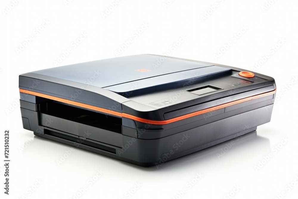 A printer sitting on top of a white surface. Can be used for office or technology-related concepts A printer sitting on top of a white surface. Can be used for office or technology-related concepts
