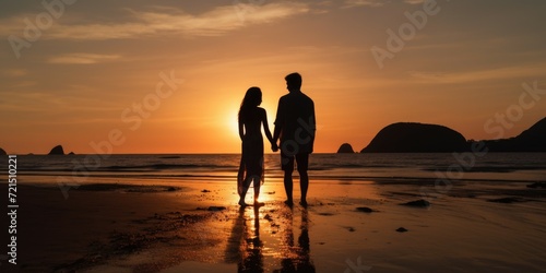 A man and a woman standing together on a beautiful beach at sunset. Perfect for romantic and travel-themed projects