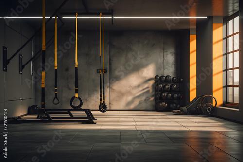 A modern fitness room with a wall-mounted TRX suspension