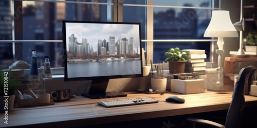 A computer monitor placed on a sturdy wooden desk. Suitable for illustrating workspaces, technology, and office environments