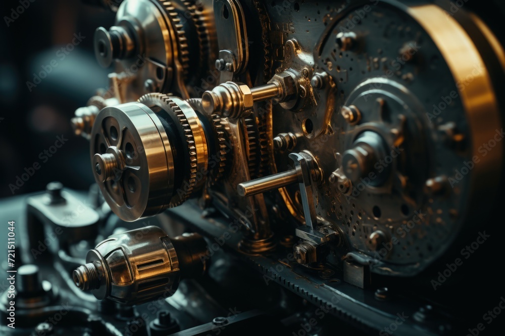 A detailed view of gears on a machine. This image can be used to illustrate mechanical processes or industrial concepts