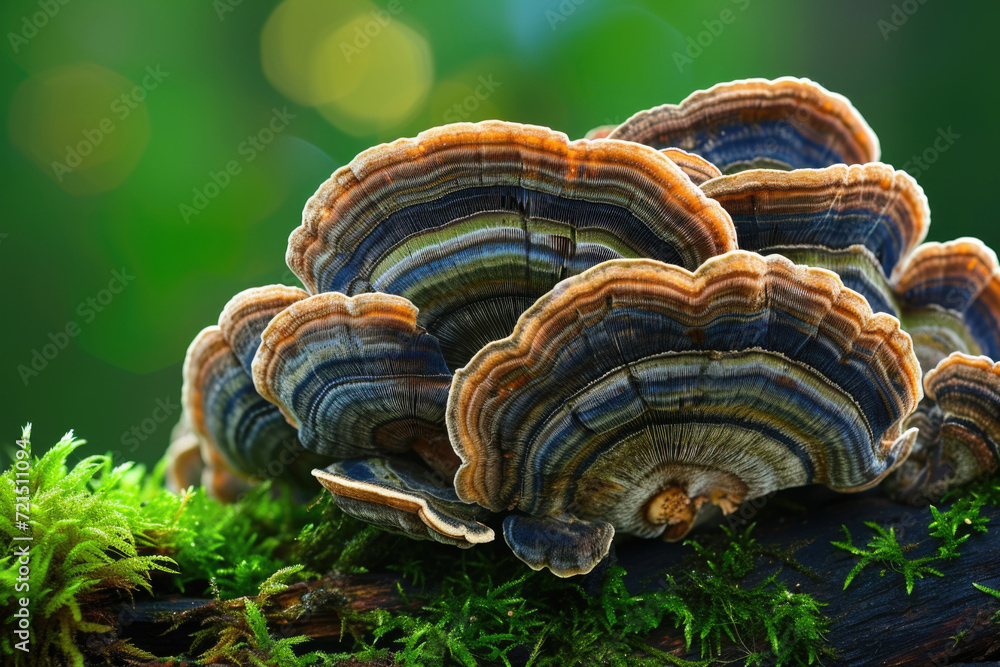 Wavy turkey tale mushroom on tree. Beautiful fungi in brown and orange colors Wavy turkey tale mushroom on tree. Beautiful fungi in brown and orange colors