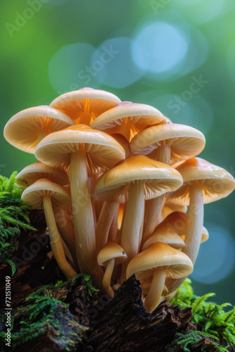 Light mushroom group macro photo. Beautiful summer and autumn mushrooms