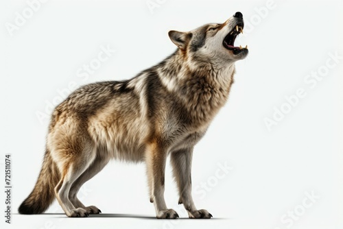 A wolf standing on a white surface with its mouth open. Suitable for wildlife and nature themes