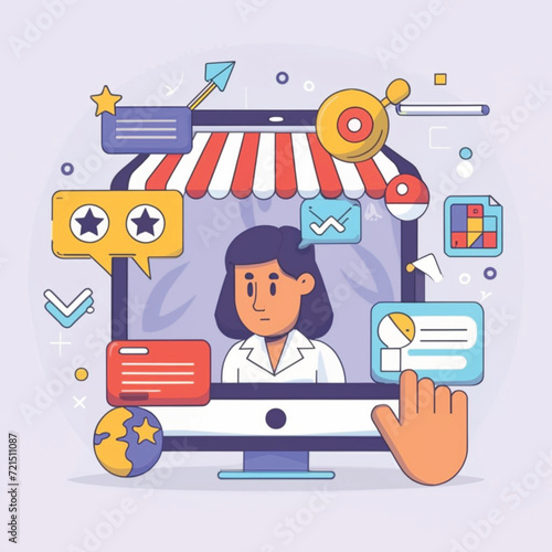 2d vector illustration colorful social media boost , influence blogger E-marketer via Internet pages marketing referral