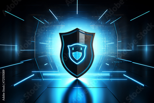 Shield with blue lights and tech background, security concept