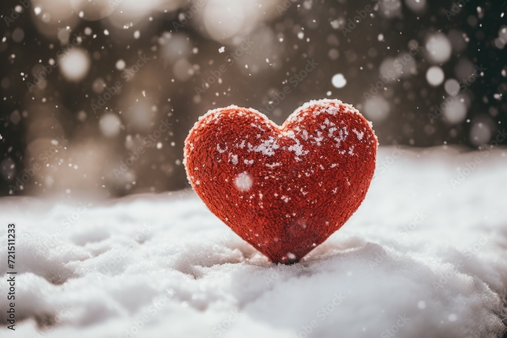 Fototapeta premium A red heart rests on the pristine white snow, symbolizing love and affection. This image can be used to convey emotions, Valentine's Day themes, or winter romance