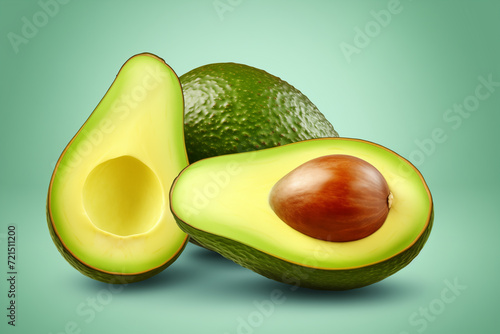 Half avocado isolated on green background