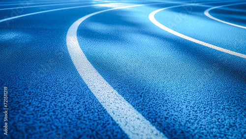 Vibrant blue running track with white lines offers dynamic and textured background, embodying spirit of athletic competitions and pursuit of excellence, perfect for sports-related content and design photo
