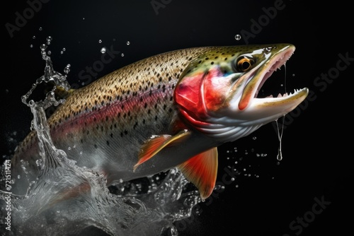 A vibrant rainbow trout leaps out of the water. Ideal for nature and wildlife enthusiasts