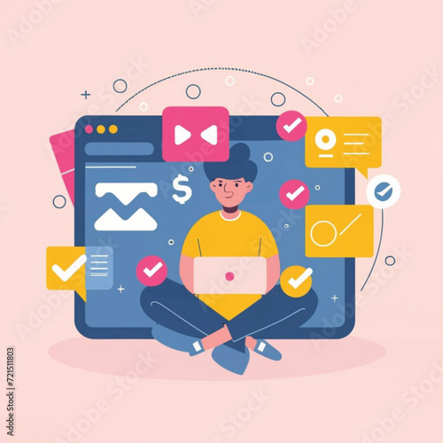 2d vector illustration colorful social media boost , influence blogger E-marketer via Internet pages marketing referral