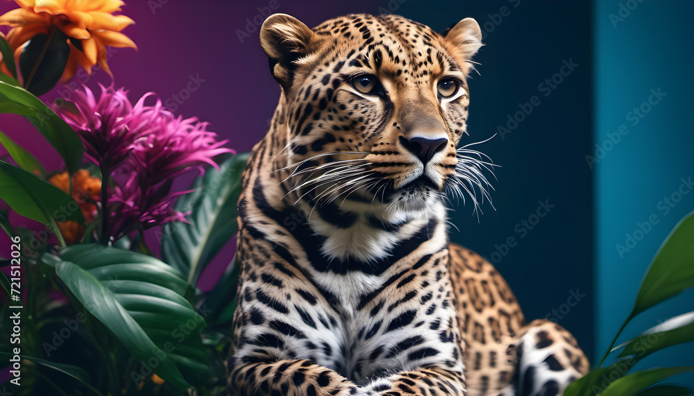 Fototapeta premium Majestic Spotted Leopard Poised Elegantly Under Studio Lighting Against a lush studio Backdrop, wallpaper