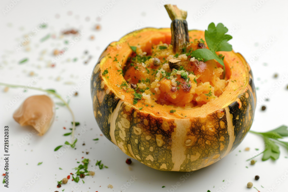 Armenian delicacy Ghapama, a pumpkin dish, on a white background