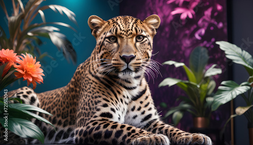 Majestic Spotted Leopard Poised Elegantly Under Studio Lighting Against a lush studio Backdrop  wallpaper