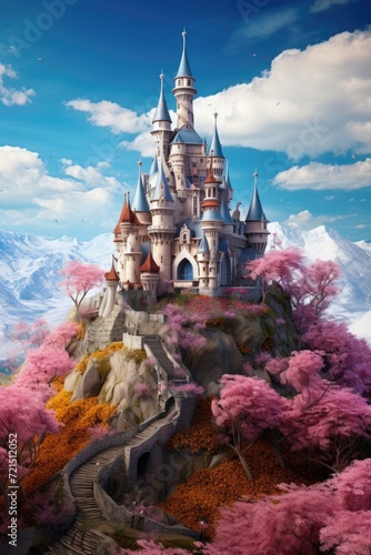 A majestic castle sits atop a mountain, surrounded by lush trees. Perfect for fantasy or adventure-themed projects