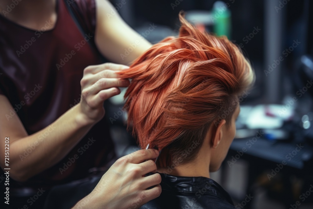 Fototapeta premium Woman getting her hair cut at a salon. Perfect for beauty and haircare industry promotions