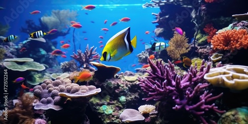 A fish swimming in an aquarium with vibrant corals and other colorful fish. Perfect for aquarium enthusiasts or educational materials on marine life