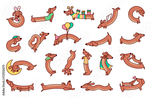 Cute cartoon long dachshund dog. Puppy wagging tail. Funny pet character. Hand drawn style. Vector drawing. Collection of design elements.