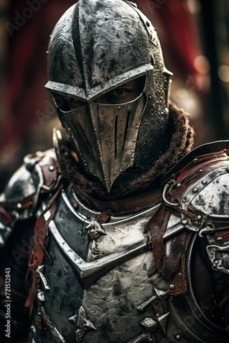 A close up view of a person wearing armor. This image can be used to depict medieval warriors, historical reenactments, or as a symbol of strength and protection