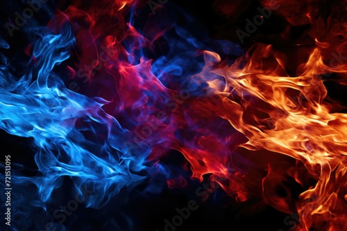 Close up of vibrant red and blue fire on a dark black background. Perfect for adding an intense and dynamic element to your design projects