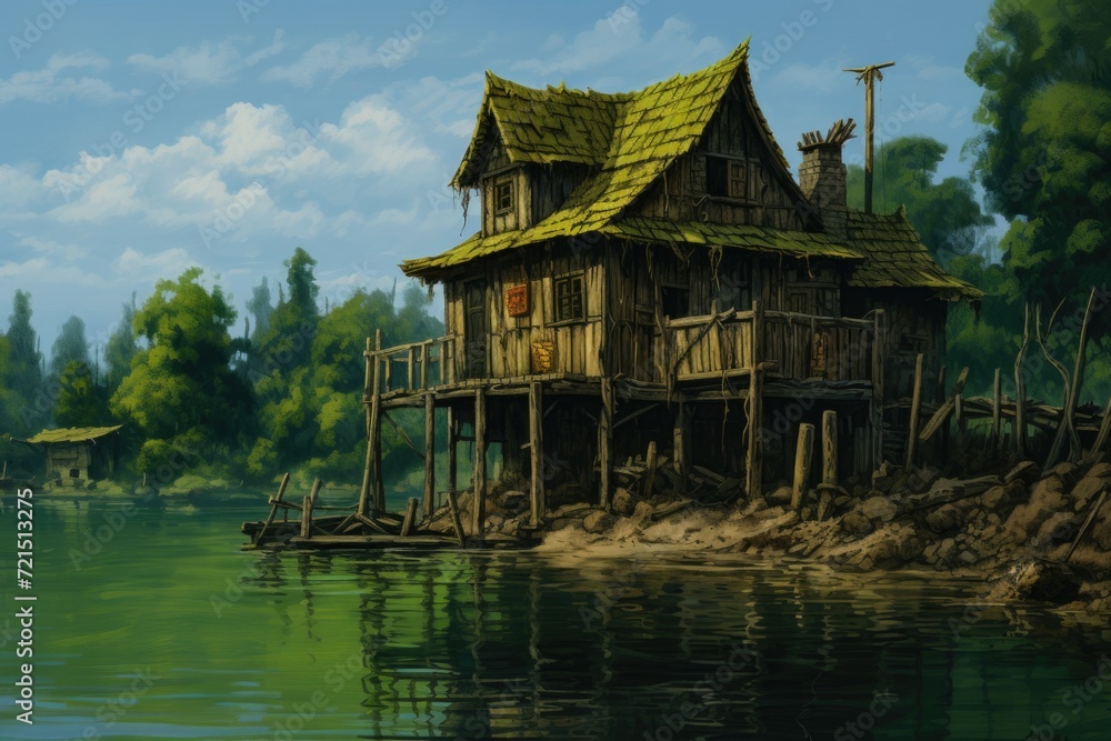 A picturesque painting of a house nestled on the serene shores of a beautiful lake. Perfect for adding a touch of tranquility and nature to any space