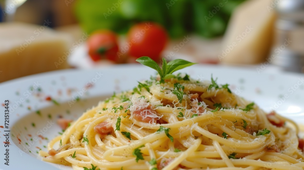 Classic spaghetti carbonara garnished with parsley on a plate