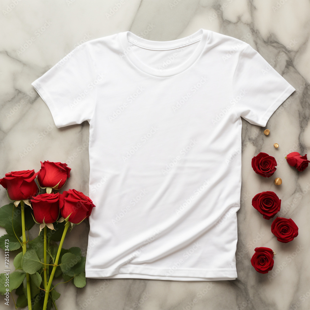 white plain tshirt Printify flat lay mockup on black marble, bouquet of red roses on bottom of marble сreated with Generative Ai white plain tshirt Printify flat lay mockup on black marble, bouquet of red roses on bottom of marble сreated with Generative Ai