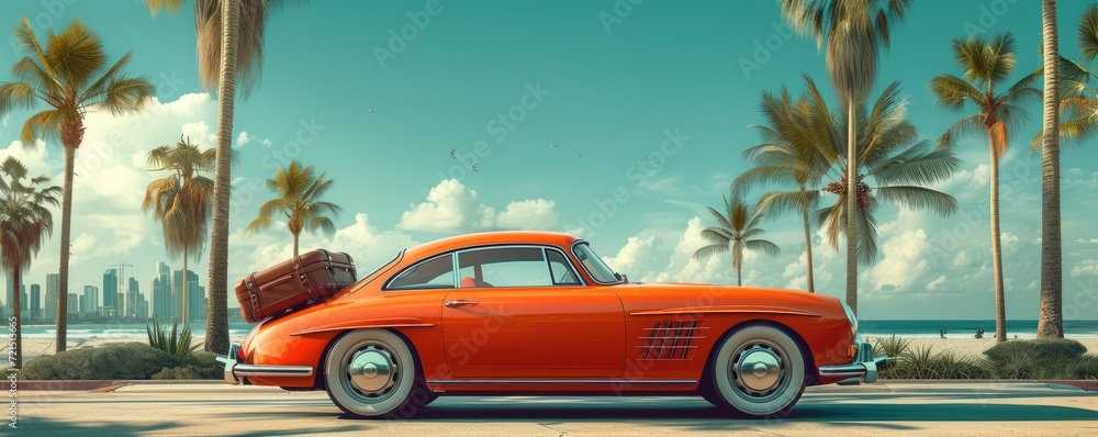 A classic orange car sits on the ground with its trunk loaded with luggage, ready to take to the open road under the bright blue sky