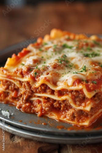 Layers of lasagna pasta with beef, tomato sauce, and melted cheese