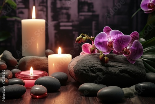 A simple arrangement of a candle, rocks, and flowers on a table. Suitable for home decor or a peaceful ambiance.