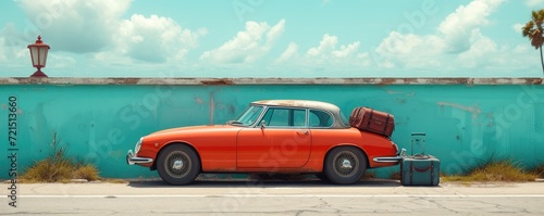 A vintage orange car cruises through the open road, its luggage secured on the back, as the vibrant sky and lush green landscape serve as its backdrop