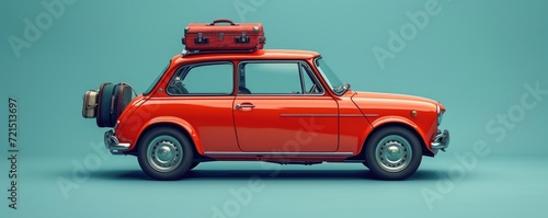 A sleek red car, adorned with a suitcase atop, sits ready to embark on an adventure, its shiny wheels and fender hinting at the possibilities of the open road photo