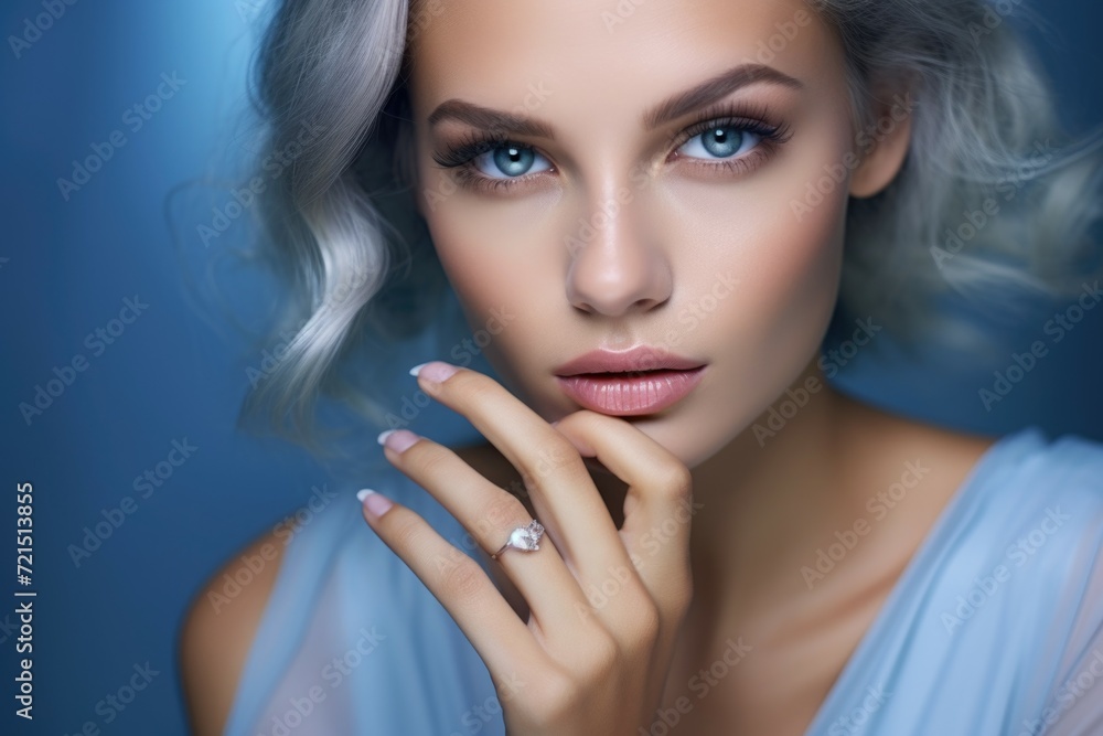 Fototapeta premium A woman wearing a ring on her finger. Suitable for wedding, engagement, or jewelry concepts