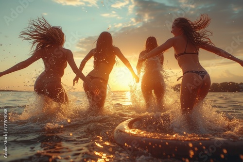 As the sun sets over the beach, a group of carefree women clad in swimwear joyfully run into the cool, crystal-clear water, their silhouettes framed by the vibrant sky and clouds above photo