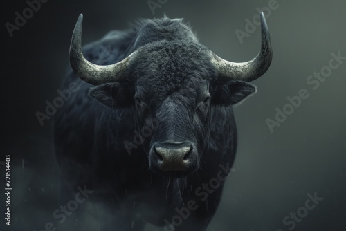A formidable black bull stares forward with raw power and untamed strength, encapsulated in misty ambiance.

