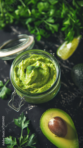 a closeup jar of guacamole