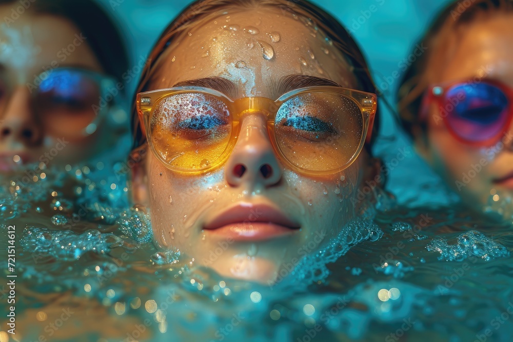 A daring woman dives into the crystal clear pool, her yellow glasses glinting in the sunlight as she confidently swims through the refreshing water