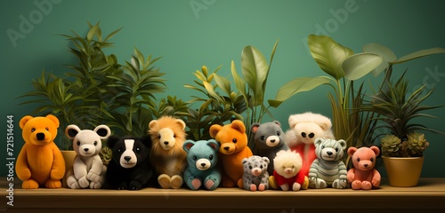 A delightful arrangement of stuffed animals on a pastel orange surface  inviting you to add your own whimsical captions