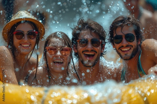A vibrant group of friends with contagious smiles donning sunglasses and goggles, reveling in the fun and freedom of the great outdoors