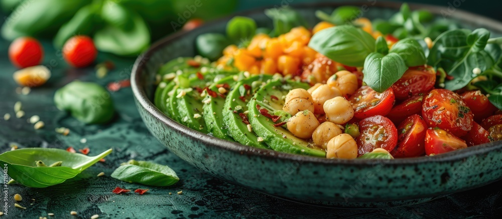 Indulge in a nutritious and colorful bowl of fresh produce, featuring creamy avocado, hearty chickpeas, juicy tomatoes, and leafy greens for a satisfying vegetarian meal