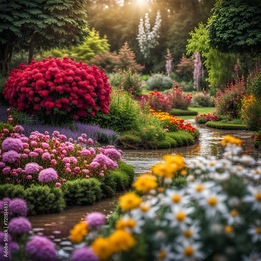 Obraz premium Nahaufnahme eines schönen Gartens voller bunter Blumen und Blüten an einem sonnigen Tag im Frühling oder Sommer nach einem Regen mit strahlendem Sonnenschein, Gärtnern, Park, gestalten