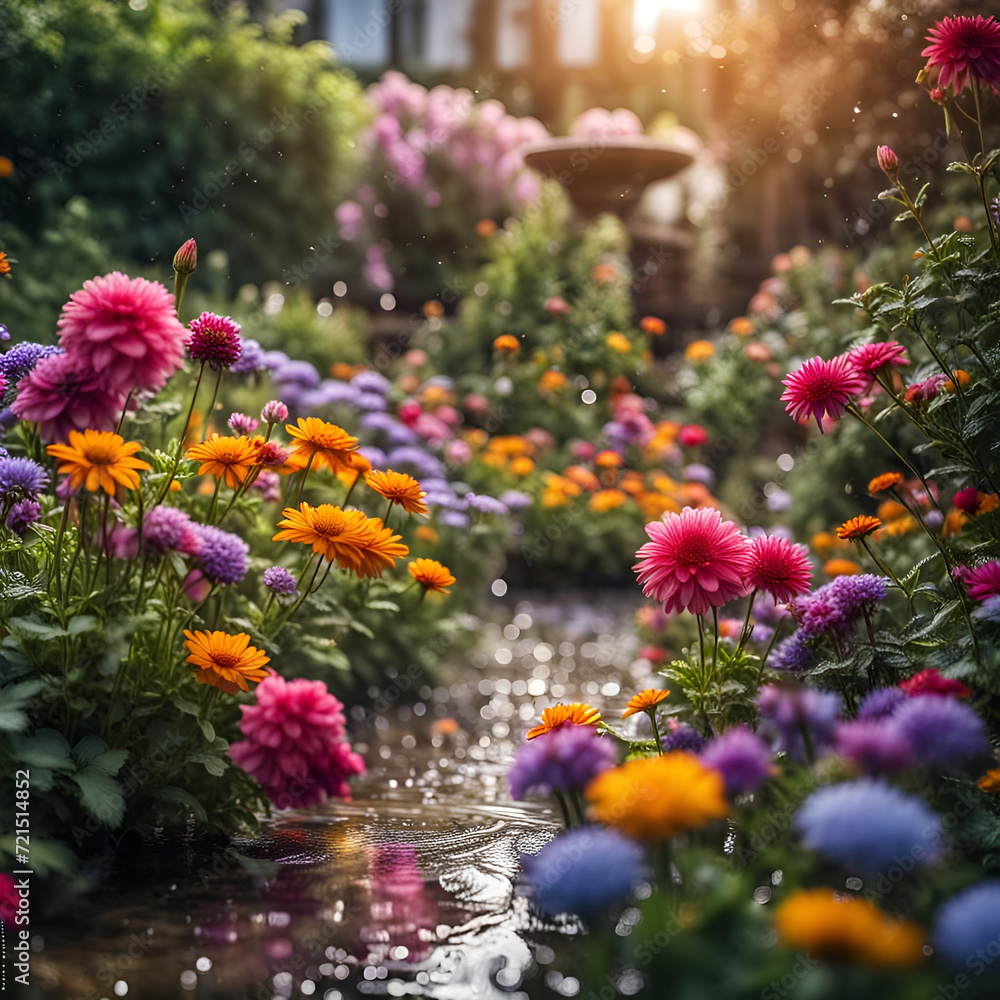Obraz premium Nahaufnahme eines schönen Gartens voller bunter Blumen und Blüten an einem sonnigen Tag im Frühling oder Sommer nach einem Regen mit strahlendem Sonnenschein, Gärtnern, Park, gestalten