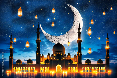 Moonlit Ramadan Night, Crescent and Mosque Silhouette, Islamic Celebration and Eid Greetings
