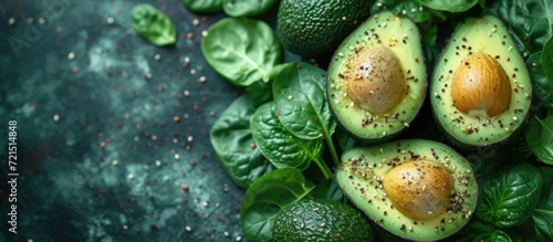 Nutrient-rich avocado, a versatile and beloved staple food in vegetarian and vegan nutrition, is highlighted in this vibrant photo showcasing its natural green hue and iconic seed nestled in the cent photo