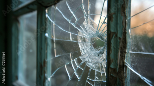 A shattered glass window with a clear day's street scene behind it.