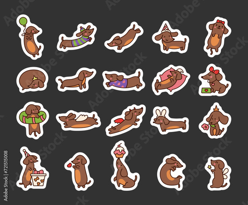 Happy kawaii dachshund. Sticker Bookmark. Cute cartoon dog characters. Hand drawn style. Vector drawing. Collection of design elements.